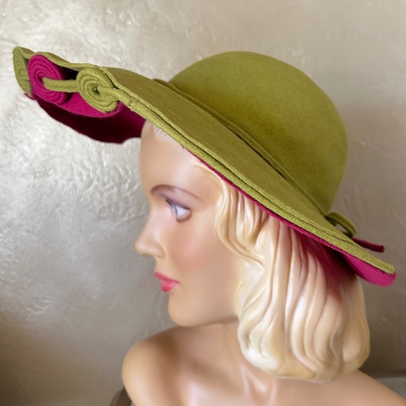 BREATHTAKING 1950s' FUCHSIA/OLIVE GREEN WIDE BRIM HAT - Picture 8 of 14